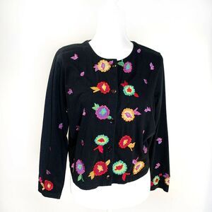 Michael Simon Button Front Cardigan Sweater Sz Mp Black Cotton Embroidered